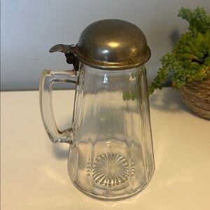 Vintage Pressed Glass Syrup Pitcher Metal Flip Lid
Starburst Base Farmhouse